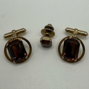 ✨ Vintage Destino 12K Gold-Filled Cufflinks & Stud Set – Smoky Brown Glass